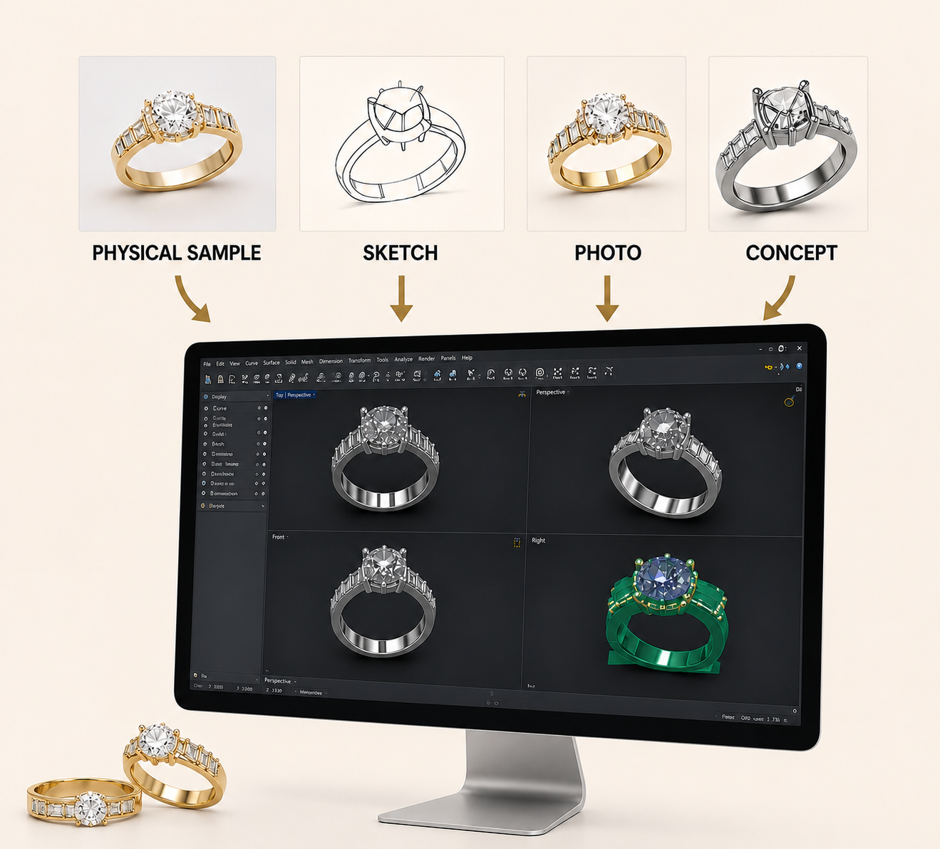 Custom jewelry design service China — physical sample sketch photo or concept to 3D CAD model and production